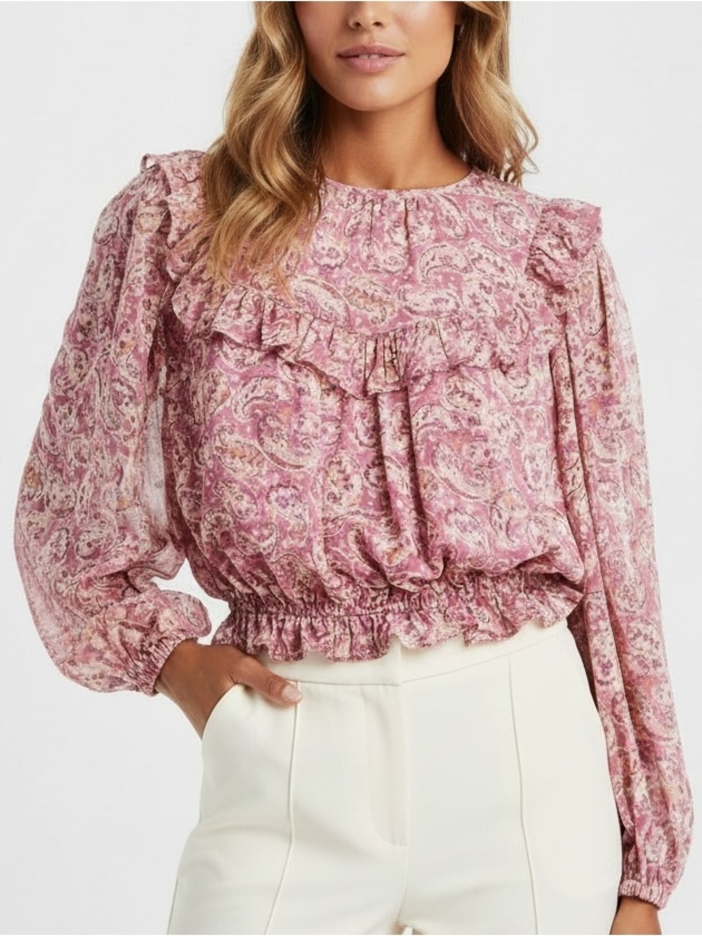 NWT AQUA Watercolor Paisley Long Sleeve Ruffle Detail Top Size Medium